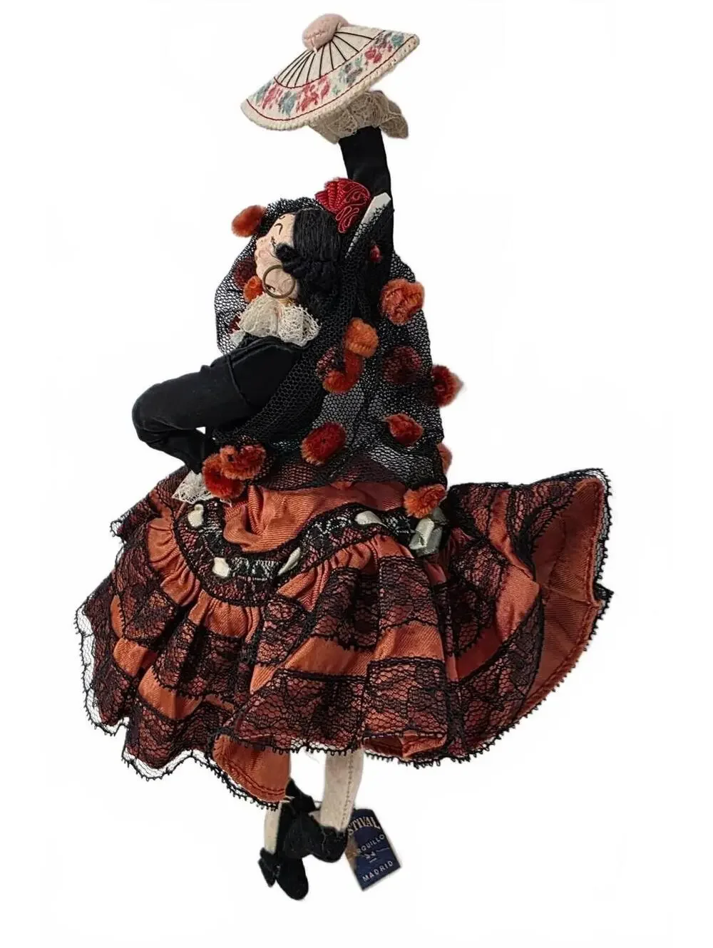 Vintage Spanish Flamenco Dancer Cloth Doll Madrid Tag 11.75 Inch